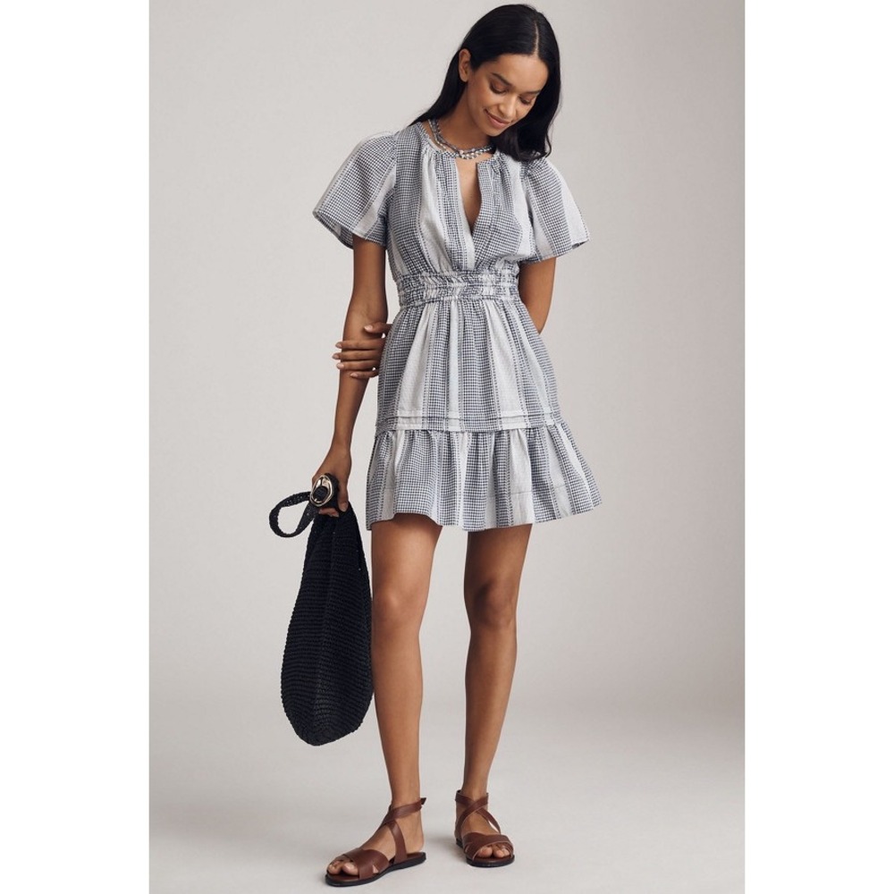 Anthropologie Gingham Patchwork Smocked Mini Dress Blue White XSP NWT